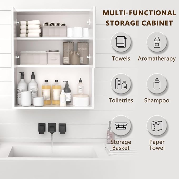 Fluted Bathroom Wall Cabinet Over The Toilet Storage,Wall Mounted Cabinet with Adjustable Shelf,Floating Cabinet Organizer Hanging Cabinet,Kitchen and Laundry Room Cabinets (White,1 PC)