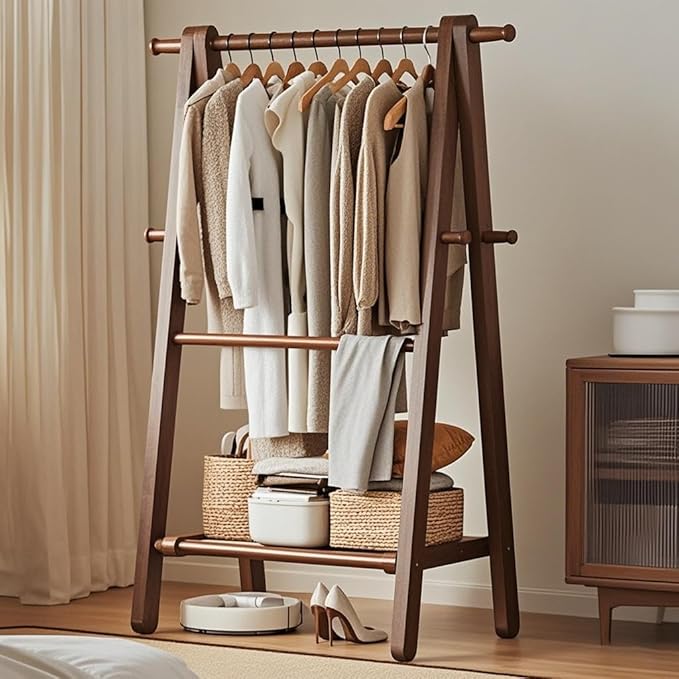 AETVRNI Wood Clothing Rack Coat Rack,Large Foldable Hanging Clothes,Stand Garment Rack with Storage Shelf,Clothing Storage,Home Organization,Natural Beech,for Bedroom Small Apartment Guest Room Laundr