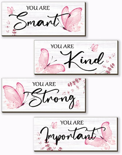 DONFENTHY 4 Pcs Butterfly Wall Decor Pink Room Decor Wooden Positive Butterfly Decor with Inspirational Word Sign for Teen Girls Women Room Bathroom Bedroom Office(Pink,10x4 Inch)
