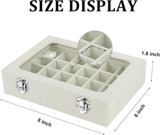 Velvet Jewelry Box 24 Grid Jewelry Earrings Display Organiser Box Ring Tray Holder Earrings Storage Case for Girls Women Wife Mom (Beige)