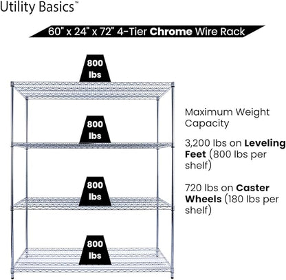 Utility Basics NSF Commercial 4-Tier Wire Shelving with Wheels, 60"x24"x72" Heavy Duty Metal Shelves 3200 lbs Max Capacity, Chrome Storage Rack for Garage Kitchen Pantry Warehouse