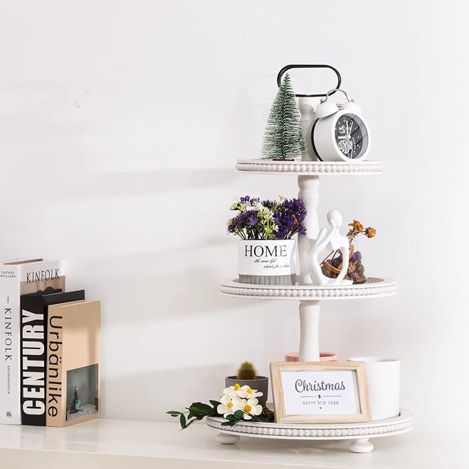 Urban Deco Wooden Tiered Tray 3-Tier Decorative Tray Stand Farmhouse Serving Tray, Round Wooden Cupcake Display Stand with Metal Handle, White Tiered Fruits Tray for Home Party Decorations