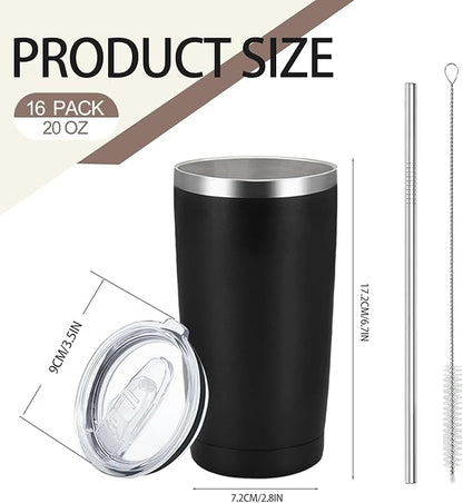 YOUKE OLA 20 Pack Stainless Steel Tumbler Bulk Insulated Vacuum Travel Mug with Straws Powder Coated Coffee Mug Gift for Laser Engrave, 20oz Black