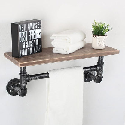 Industrial Pipe Shelf Bathroom Shelves Wall Mounted,19.6in Rustic Wood Shelf with Towel Bar,1 Tier Farmhouse Towel Rack Over Toilet,Pipe Shelving Floating Shelves Towel Holder,Retro Grey