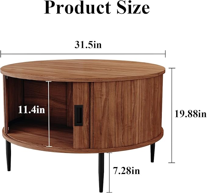 ARTPOWER 31.7" Round Coffee Table with Tambour Door, Mid Century Center Table for Living Room, Small Wood Fluted Circle Coffee Table with Storage, Walnut