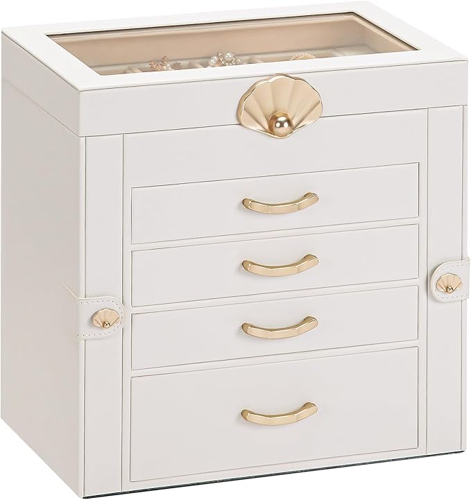 Jewelry Box with 4 Drawers: Display Organizer for Earrings Necklaces - Christmas Gifts for Girls Women (White)