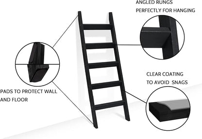 FUIN 5ft (58") Wood Blanket Ladder Living Room Decorative Wall Leaning Farmhouse Quilt Display Holder Storage Rustic Wooden Towel Rack for Bathroom, Black