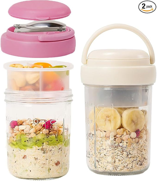 UWILLION Overnight Oats Containers with Handles, 16 oz Glass Mason Jars with Lids, Folding Spoons & Topping Compartments, Yogurt Parfait Cups for Meal Prep, Chia Pudding, Breakfast to Go, 2 Pack