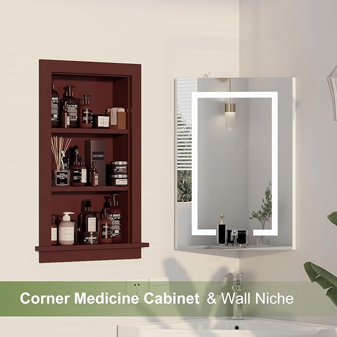 Recessed Medicine Cabinet for Bathroom Cabinet with Storage,14x24 in Wall Shower Niche Insert,3-Tier Bathroom Niche for Shower Wall,Recessed Medicine Cabinet Insert for Drywall,MDF,Brown