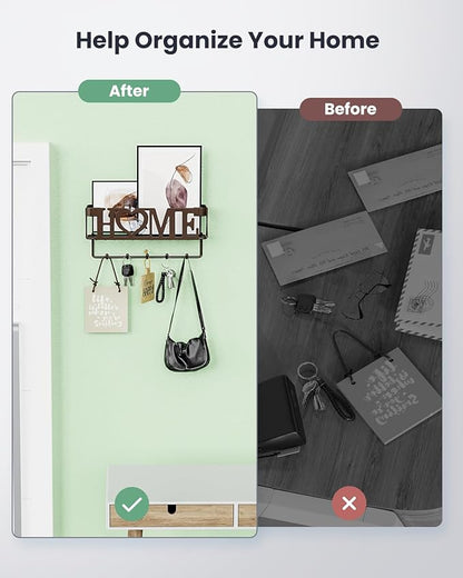 Key Holder Wall Mount - Adhesive Key Holder with 5 Hooks, Key Rack and Mail Organizer, Metal Basket Key Hanger for Entryway, Home, Living Room Decor, 11" L×2.8" W×4.9''H(Bronze)