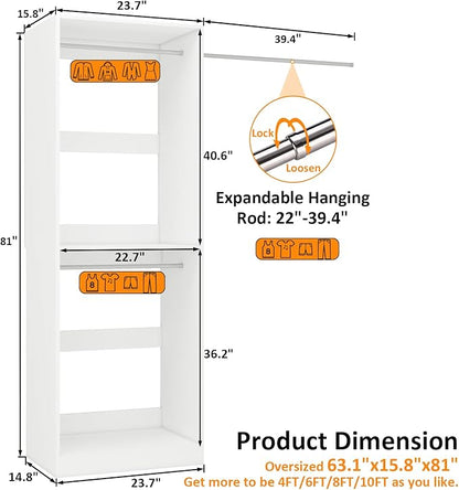 Closet System with 3 Hanging Rods& Shelf , 2FT Small Closet Organizer System Wood with Extra Side Hanging Rod for Walk in Closet Storage, Modular Closet Systems, White(2FT)