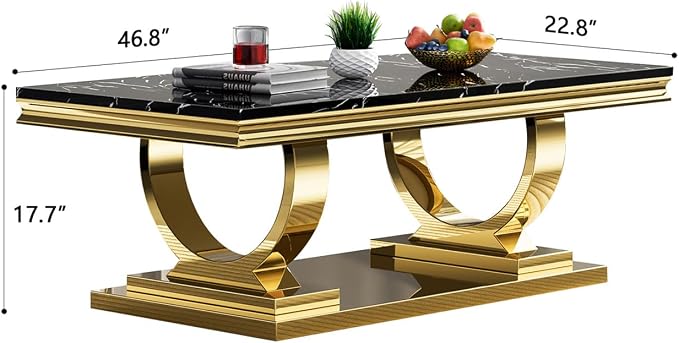 1 Piece Living Room Coffee Table Luxury Faux Marble Center Table, Modern Black Gold Coffee Table with Double O Shape Stainless Steel Pedestal Base,1 Table Only