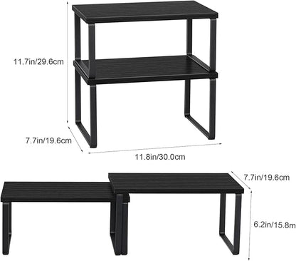 CADUKE Set of 4 Kitchen Counter Shelves Stackable Shelf Organizer Wood Countertop Shelves Expandable Cabinet Shelf Organizers Countertop Storage Rack for Pantry, Industrial Black