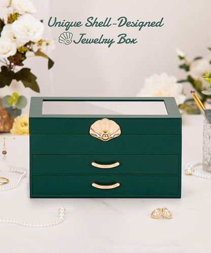 Jewelry Box with 2 Drawers: Display Organizer for Earrings Necklaces - Christmas Gifts for Girls Women (Forest Green)