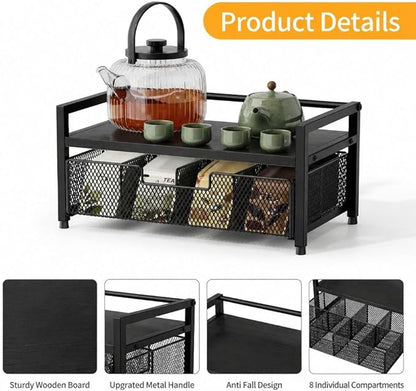 Tea Bag Organizer, Tea Bag Holder with Drawer, Wood and Metal Tea Organizers and Storage Chest for Countertop Kitchen, Office, Black