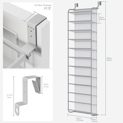 Whitmor 36 Pair Over The Door Shoe Organizer, 12 Tier Hanging Shoe Organizer, Heavy Duty Metal & Mesh Shoe Holder, Hanging Shoe Rack for Closet Organizer & Storage, 74"H x 21.7"W x 7.5"D, Grey
