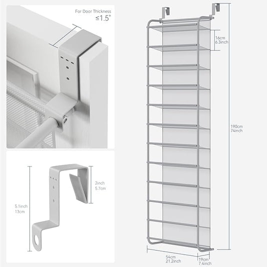 Whitmor 36 Pair Over The Door Shoe Organizer, 12 Tier Hanging Shoe Organizer, Heavy Duty Metal & Mesh Shoe Holder, Hanging Shoe Rack for Closet Organizer & Storage, 74"H x 21.7"W x 7.5"D, Grey