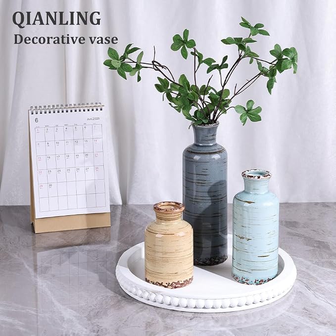 Ceramic Vase Set - 3 Small Flower Vases Home Decor, Modern Rustic Farmhouse Pottery Vases for Centerpieces, Living Room, Kitchen, Shelf, Bedroom, Bathroom, Fireplace, Table Shelf and Entryway Decor