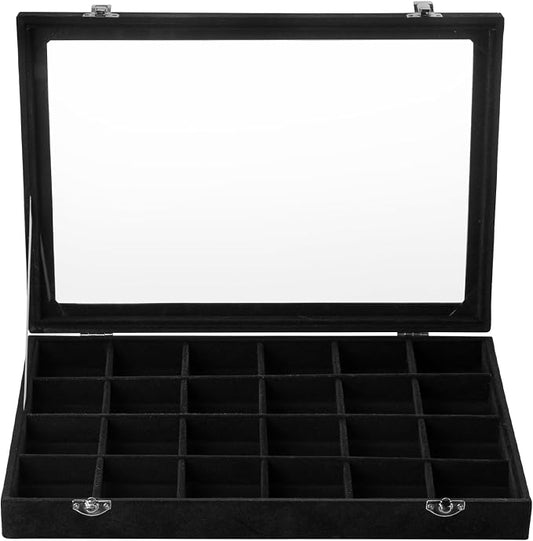 Frebeauty Velvet Jewelry Tray,24 Grid Jewelry Organizer with Clear Lid,Earring Holder Organizer with Clasp,Drawer Insert Rings Pendants Brooches,13.8 x 9.5 x 2 Inches,Gift for Women Girls(Black)