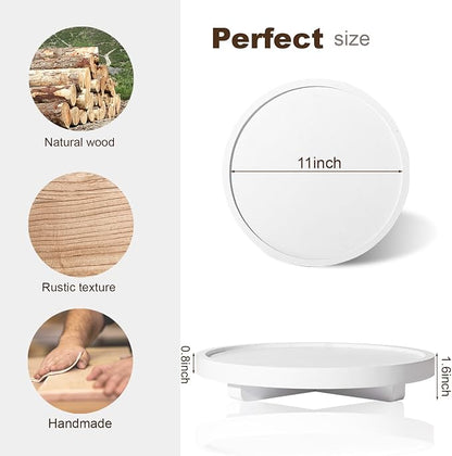 Round Decorative Tray Wood Bathroom Counter Organizer Farmhouse Kitchen Decor Wooden Riser for Soap Dish, Perfume, Candle, Sponge, 11" - White