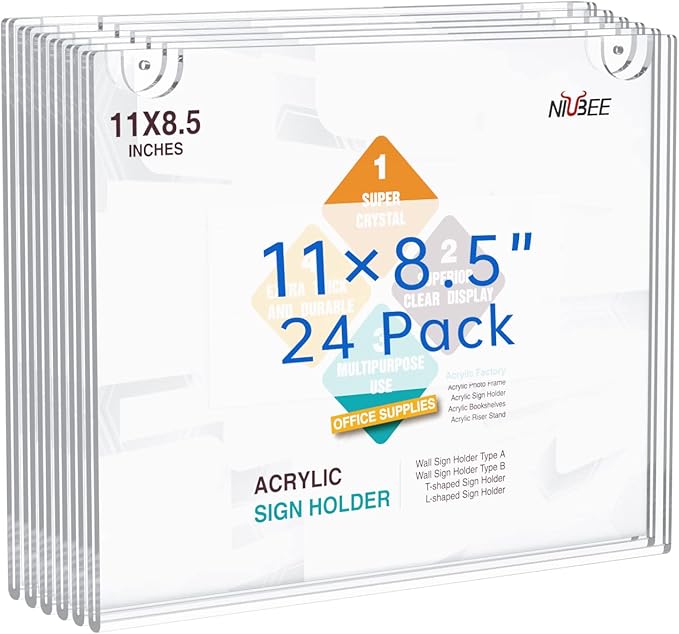 NIUBEE 24-Packs Acrylic Wall Sign Holder 8.5x11 Horizontal, Clear Plastic Picture Frames , Wall Mounted Design.