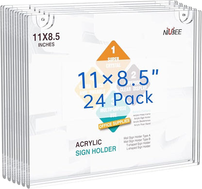 NIUBEE 24-Packs Acrylic Wall Sign Holder 8.5x11 Horizontal, Clear Plastic Picture Frames , Wall Mounted Design.