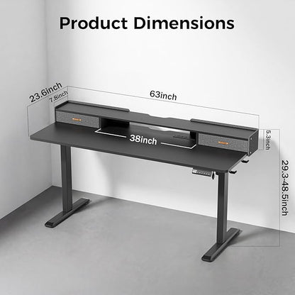 Electric Standing Desk with Drawers, 63 Inch Height Adjustable Desk with Power Outlets & LED Lights, Sit Stand Table with Monitor Stand for Home, Office, Black