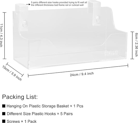 Bedside Caddy Hanging Storage Basket Little Size Plastic Beside Shelf Hang-on Storage Organizer for Collage Dorm Bunk Bed,Changing Table - Bedroom Essentials for Phone,Mini Speaker,Tissues (Clear)