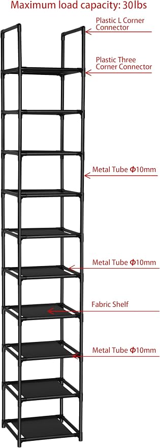 FIDUCIAL HOME 10 Tiers Vertical Shoe Rack 10 Pairs Skinny Shoe Shelf | Tall Narrow Space Saving for Entryway Closet, Easy to Assemble, 11"L x 11"W x 68.8"H
