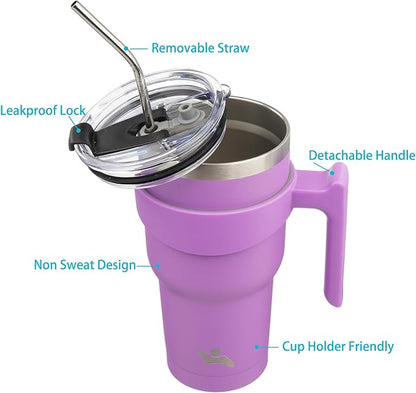 40 oz Tumbler with Handle and 2 Straw 2 Lid, Insulated Water Bottle Stainless Steel Vacuum Cup Reusable Travel Mug,Lavender