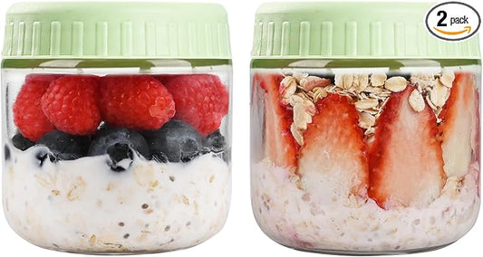 SHOWIN Overnight Oats Containers with Lids, 10oz Glass Jars with Lids 2 pcs, Light Green, Wide Mouth Mason jars for Salad, Yogurt, Snacks, Meal Prep
