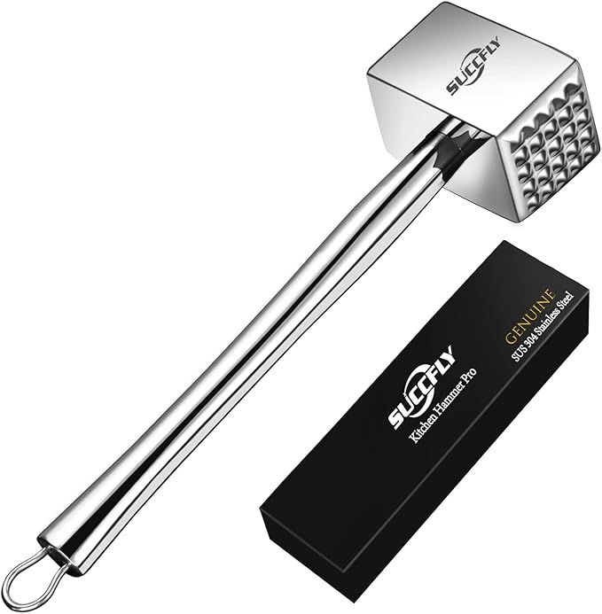 Meat Tenderizer Stainless Steel, Heavy Duty Meat Hammer, Kitchen Meat Mallet 1.65LB Meat Pounder Flatterner Weighted Hammer Extended Handle for Labor-saving Chicken Steak Meat Tenderizer Tool