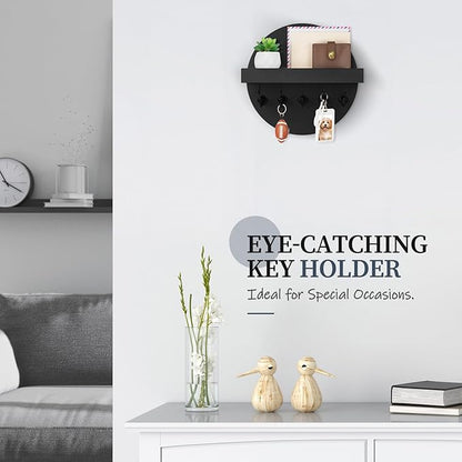 Nekon Key Holder Wall Mount, Key and Mail Organizer for Wall, 9.8 Inch Round Wooden Rustic Wall Organizer for Entryway, Hallway, Kitchen, Office (Black)
