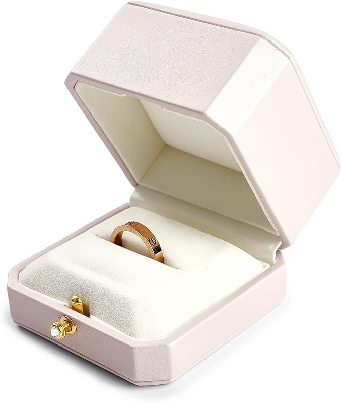 Oirlv Luxury Leather Ring Box for Jewelry Gift Octagon Women Ring Holder for Wedding Day, Proposal, Engagement, Anniversary(Pink,Single)