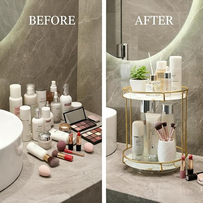 360° Rotating Makeup Organizer Countertop, 2-Tier Golden Vanity Organizer with Glass Shelves, Spinning Cosmetic Display Case for Bathroom & Bedroom, Tall Storage for Large Bottles