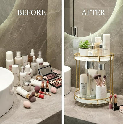 360° Rotating Makeup Organizer Countertop, 2-Tier Golden Vanity Organizer with Glass Shelves, Spinning Cosmetic Display Case for Bathroom & Bedroom, Tall Storage for Large Bottles