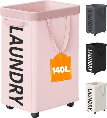 Optish 140L Laundry Hamper with Wheels, Rolling Laundry Basket with Removable Mesh Bag, Extra Large Clothes Hamper on Wheel for Bedroom, Bathroom, Dorm Room Essentials, Pink