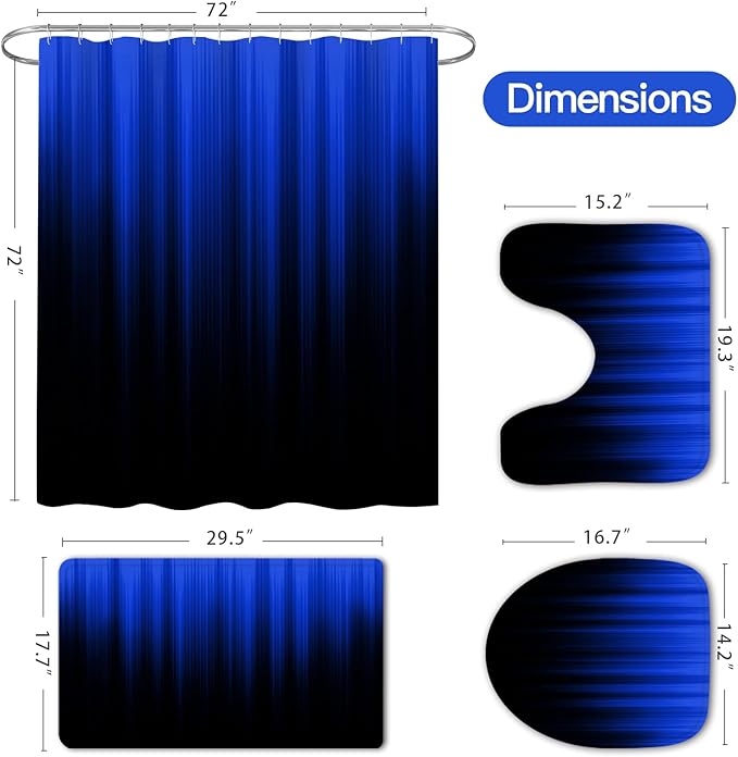 4 Pcs Royal Blue and Black Gradient Shower Curtain Set with Rugs and Toilet Lid Cover, Modern Simple Waterproof Fabric Bathroom Set, Ombre Stripe Gothic Abstract Bathroom Decor Set Accessories