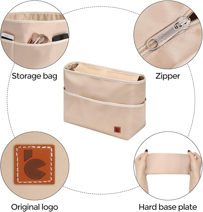 SDANG Purse Organizer Insert with Zipper – Pink Handbag & Tote Bag Organizer | Bag-in-Bag Insert with Pockets for Purses, Totes & Travel(Beige,Large 30)
