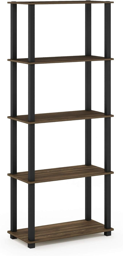 Furinno TURN-S-TUBE Book Shelf, 5-Tier Toolless Storage Shelves with Square Tubes, Shelving Unit for Organization and Storage for Living Room, Home Office, Columbia Walnut