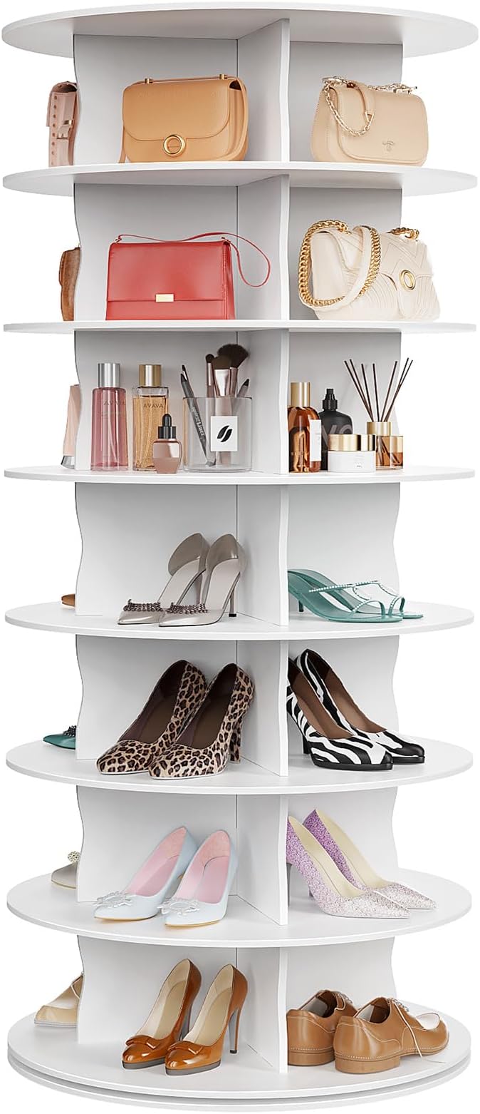 7-Tier Rotating Standing Shelf Unit with Dividers, 360° Storage Display Tower Vertical Floor Organizer, for Bedroom, Closet, Entryway & Office, Ideal for Shoes, Cosmetics & Handbags, White