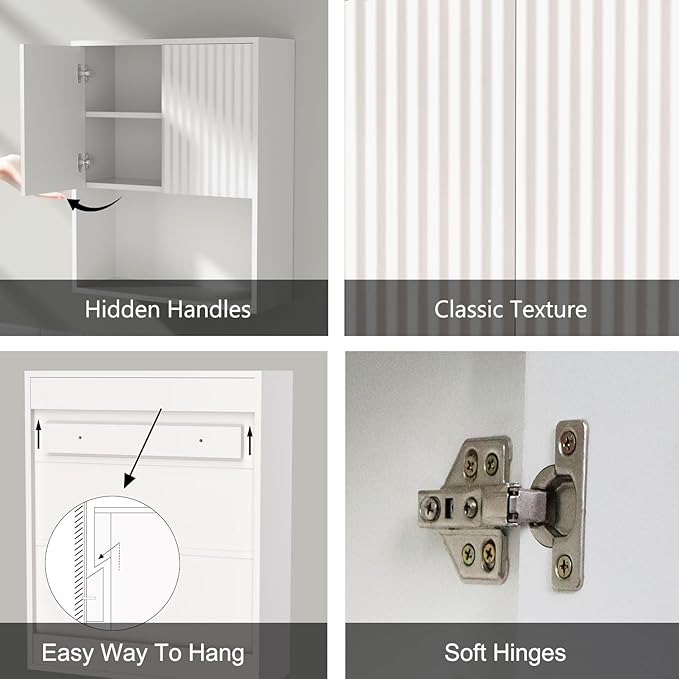 Fluted Bathroom Wall Cabinet Over The Toilet Storage,Wall Mounted Cabinet with Adjustable Shelf,Floating Cabinet Organizer Hanging Cabinet,Kitchen and Laundry Room Cabinets (White,1 PC)