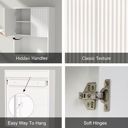 Fluted Bathroom Wall Cabinet Over The Toilet Storage,Wall Mounted Cabinet with Adjustable Shelf,Floating Cabinet Organizer Hanging Cabinet,Kitchen and Laundry Room Cabinets (White,1 PC)