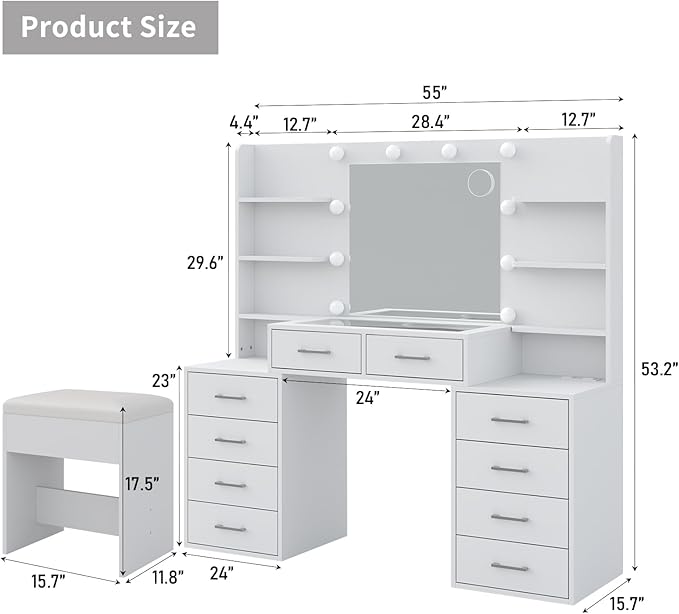 55'' W Makeup Vanity with Mirror & Lights, 10 Drawers Vanity Desk with Charging Station, 6 Open Shelves, 3 Lighting Modes Brightness Adjustable, Glass Top Vanity with Chair for Bedroom, White