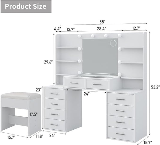 55'' W Makeup Vanity with Mirror & Lights, 10 Drawers Vanity Desk with Charging Station, 6 Open Shelves, 3 Lighting Modes Brightness Adjustable, Glass Top Vanity with Chair for Bedroom, White