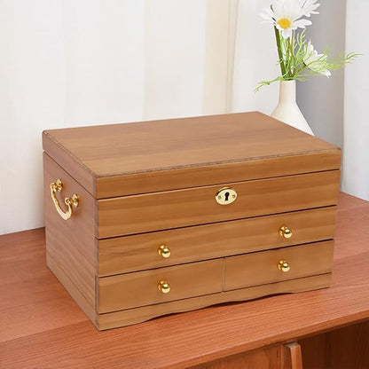 3-Layer Jewelry Box Organizer with Mirror and Lock, Wooden Jewelry Boxes Accessory Holder with 2 Drawers,Jewelry Storage & Organizers for Rings,Earrings,Bracelets, Necklaces,Christmas New Year Gift