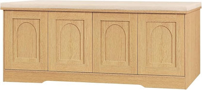 DINZI LVJ Shoe Bench, Entryway Storage Bench with Doors, Cushion, 2-Tier Shoe Rack with 8-Cubby, 47.2”L x 13.8”W Shoe Organizer Cabinet, Adjustable Shelf, Living Room, Bedroom, Natural