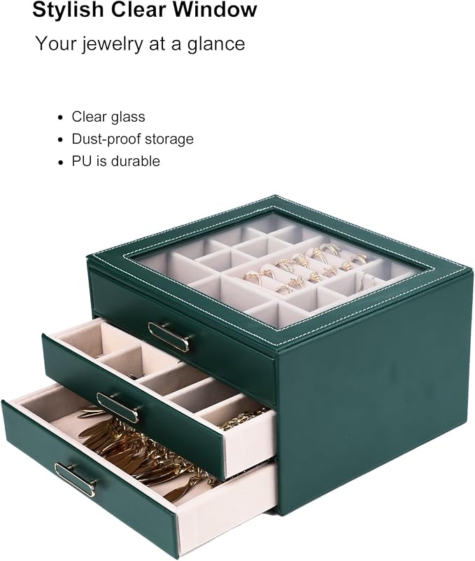 3 Layer Jewelry Organizer Box with Glass Lids & 3 Drawers - Elegant Storage Solution for Necklace, Rings，Earrings, and Bracelets - Perfect for Women ASK-301 (Green)