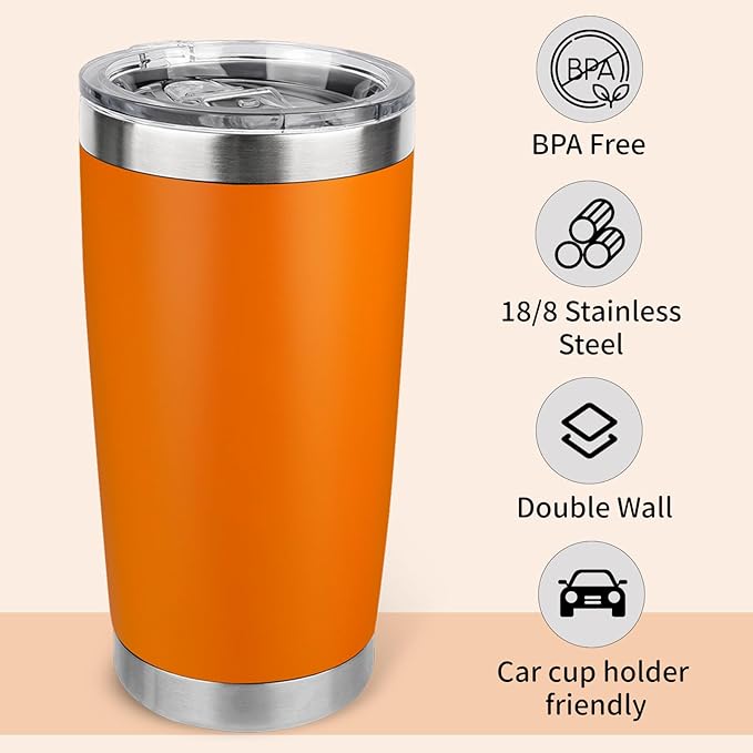 20oz Stainless Steel Tumbler with Lid, Travel Mug - Double Wall Vacuum Powder Coated Cup - Orange, 1 Pack