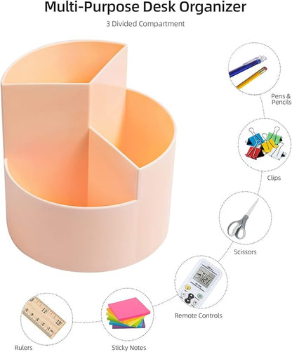 Desk Pencil Pen Holder, 3 Slots 360-Degree Spinning Organizers, Desktop Storage Stationery Supplies, Cute Cup Pot for Office, School, Art Supply, Kids - Pink
